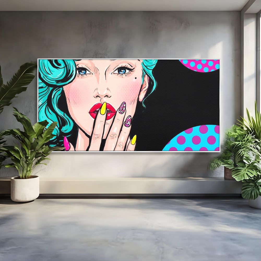 Tablou canvas cu tablou canvas cu femeie pop art, in rama de aluminiu argintiu